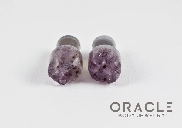 00g (9.5mm-10mm) Druzy Rough Amethyst Single Flare Plugs - Image 3