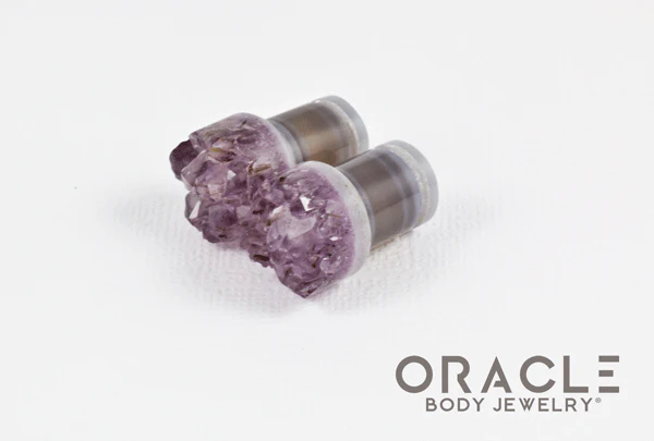 00g (9.5mm-10mm) Druzy Rough Amethyst Single Flare Plugs - Image 2
