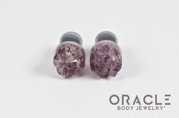 00g (9.5mm-10mm) Druzy Rough Amethyst Single Flare Plugs - Image 3