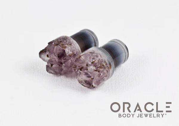 00g (9.5mm-10mm) Druzy Rough Amethyst Single Flare Plugs - Image 2
