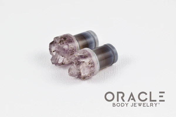 00g (9.5mm-10mm) Druzy Rough Amethyst Single Flare Plugs - Image 2