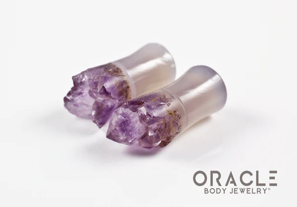 0g (8mm) Double Flare Druzy Rough Amethyst Plugs - Image 2
