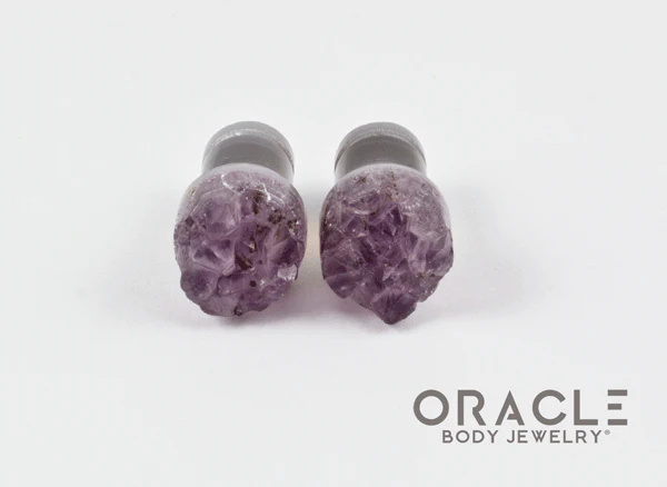 0g (8mm) Druzy Rough Amethyst Single Flare Plugs - Image 3