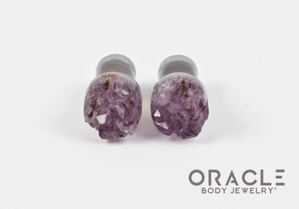 0g (8mm) Druzy Rough Amethyst Single Flare Plugs - Image 3