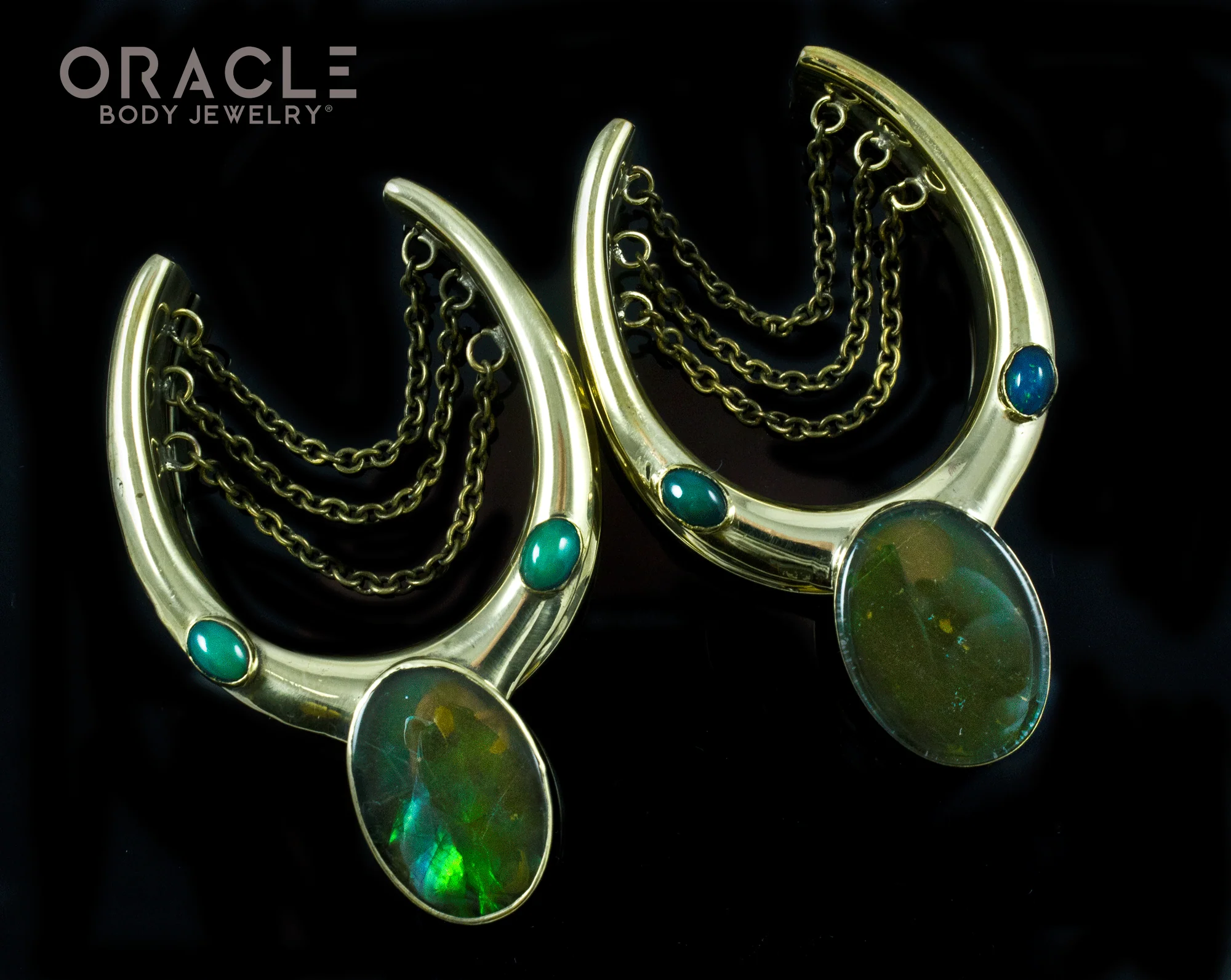 1-1/2" (38mm) Brass Saddles with Chains and Ammolites and Black Opals - Image 2