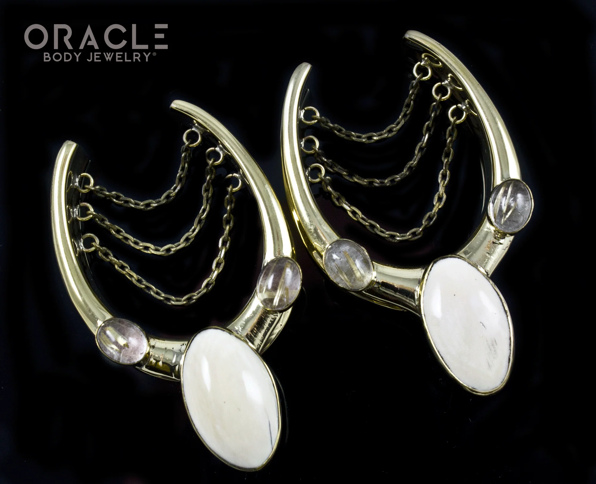 1-1/2" (38mm) Brass Saddles with Chains and Fossil Mammoth Ivory and Rutilated Quartz - Image 2