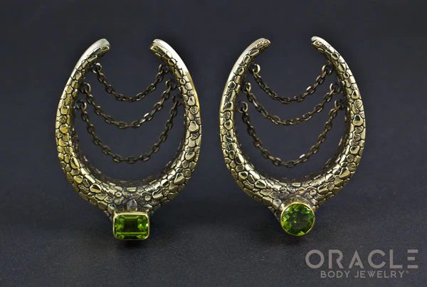 1-1/2" (38mm) Brass Saddles with Nugget Texture and Chains and Faceted Peridot - Image 3
