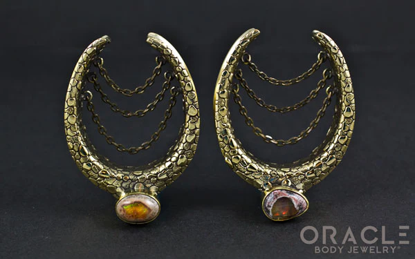 1-1/2" (38mm) Brass Saddles with Nugget Texture and Chains and Mexican Matrix Opal - Image 3