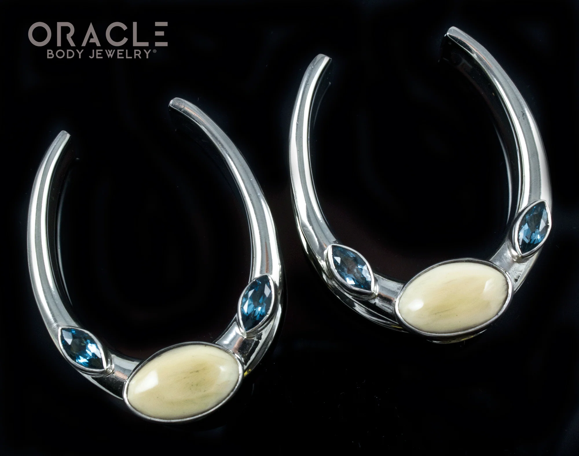 1-1/2" (38mm) White Brass Saddles with Fossil Mammoth Ivory and London Blue Topaz - Image 2