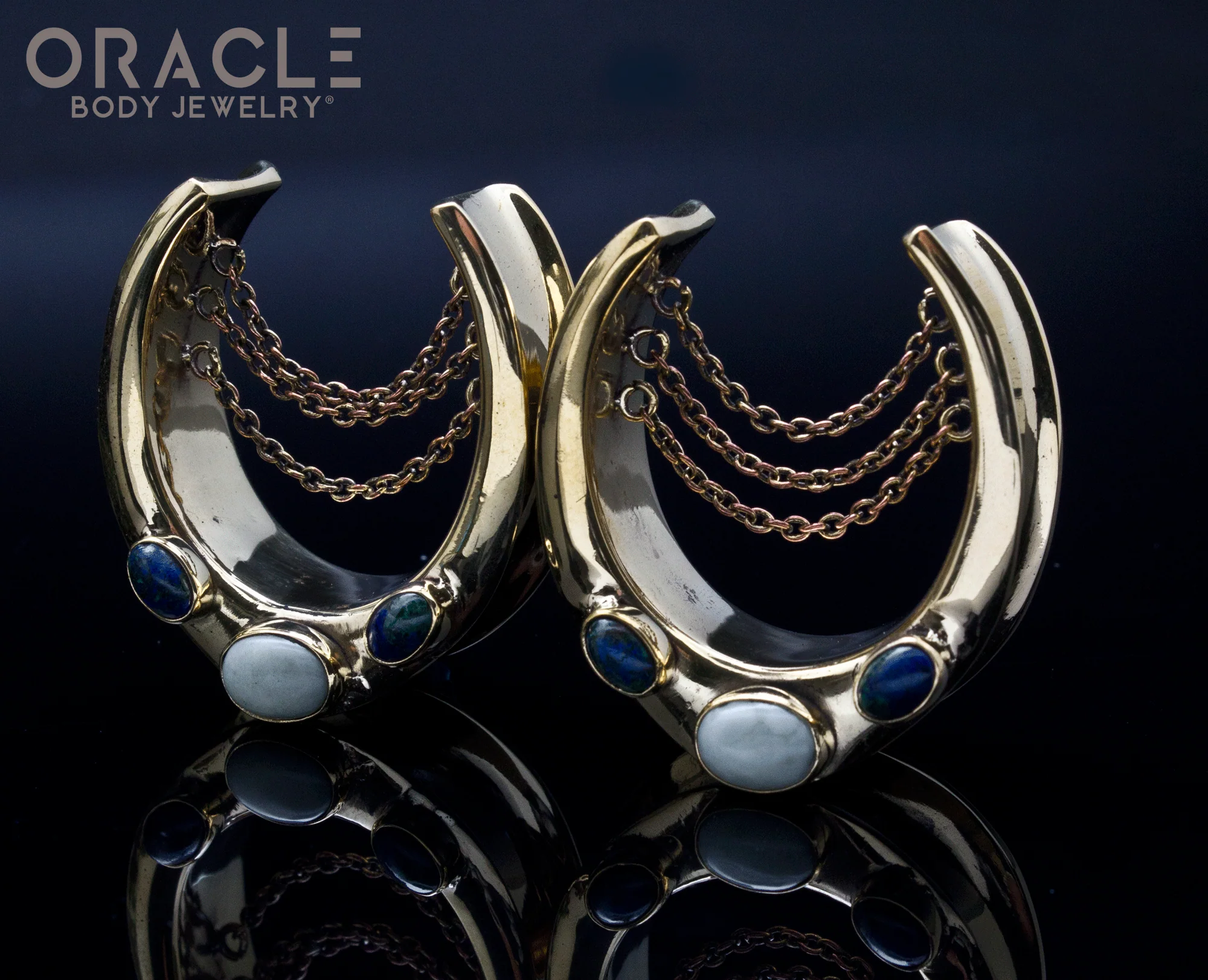 1-1/4" (32mm) Brass Saddles with Chains and Jasper and Azurite in Malachite - Image 2