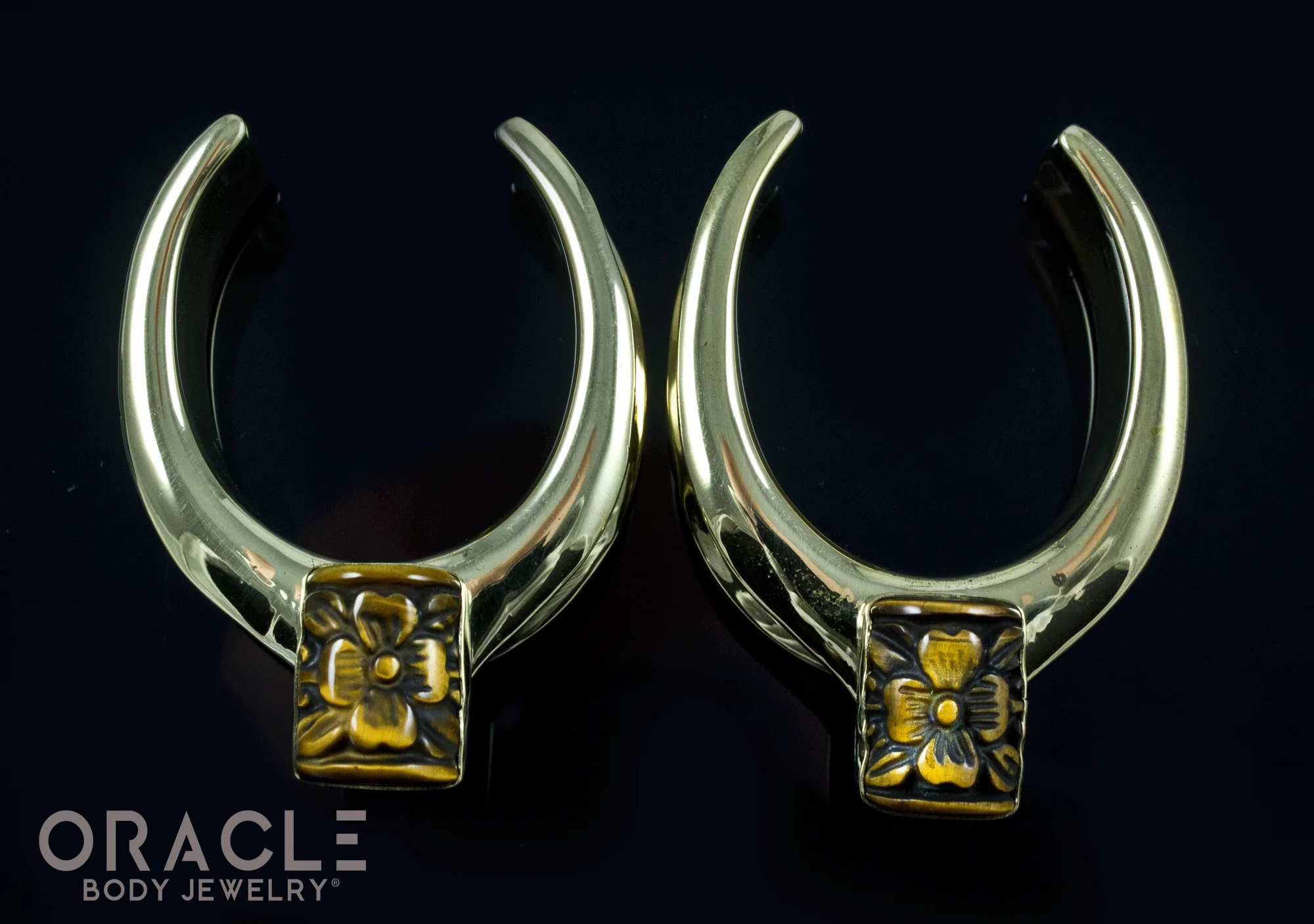 1-1/4" (32mm) Brass Saddles with Yellow Tiger Eye Carved Flowers - Image 2