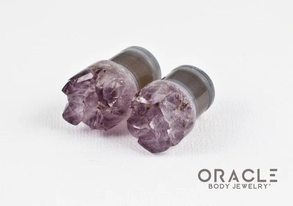 1/2" (12.5mm) Druzy Rough Amethyst Single Flare Plugs - Image 2