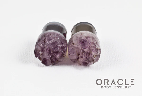 1/2" (12.5mm) Druzy Rough Amethyst Single Flare Plugs - Image 3
