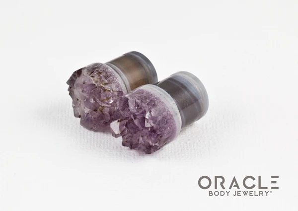 1/2" (12.5mm) Druzy Rough Amethyst Single Flare Plugs - Image 2