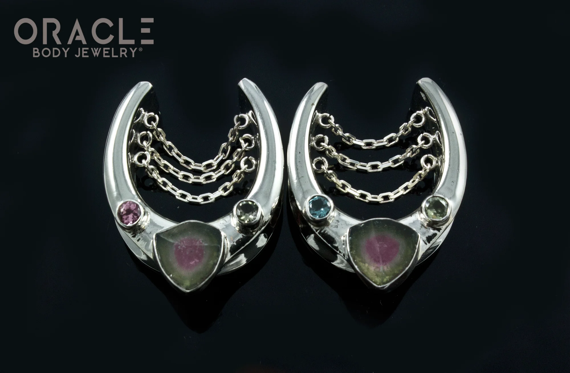 1" (25mm) White Brass Saddles with Chains and Watermelon and Multi Color Tourmaline - Image 2