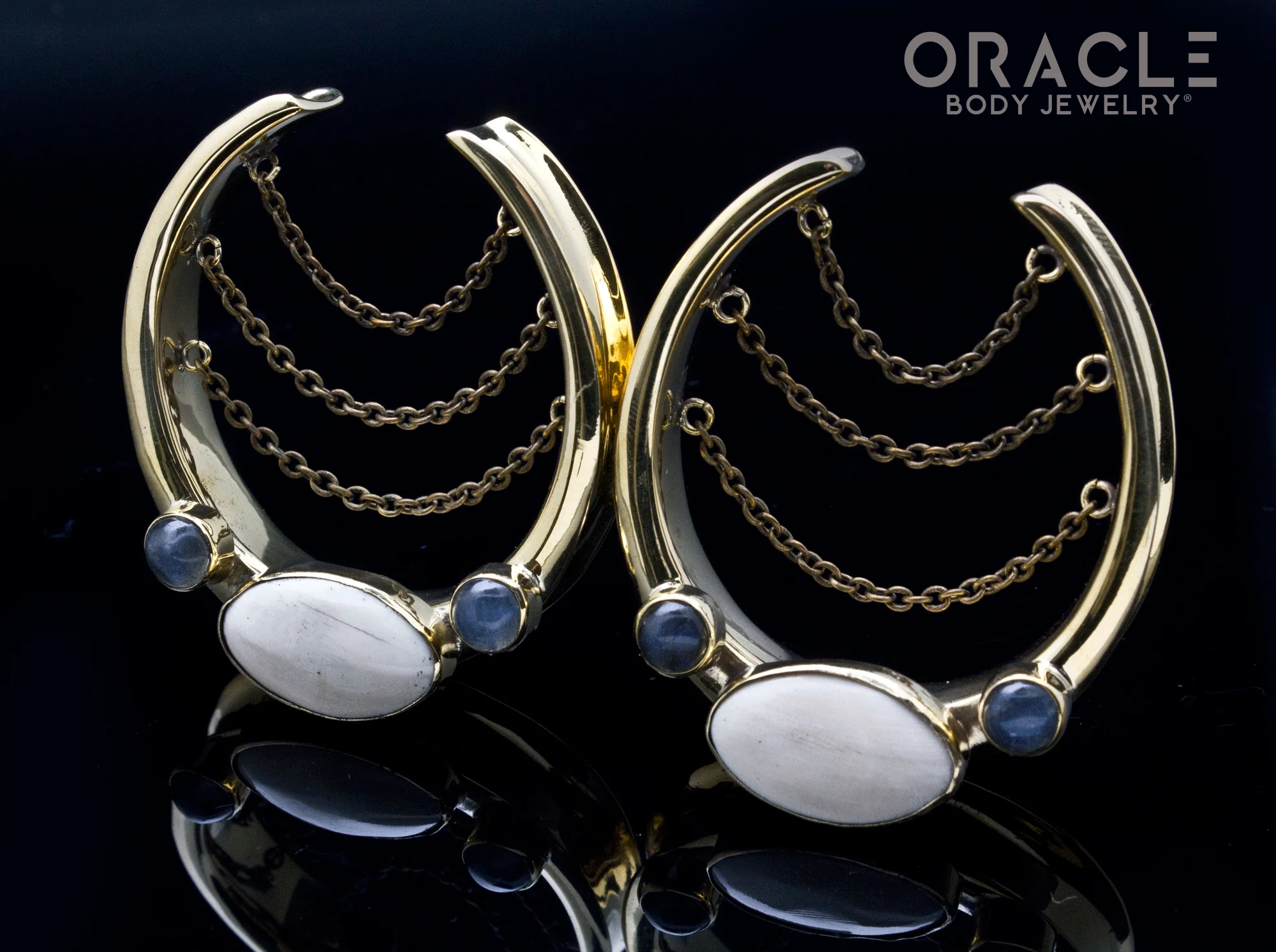 1-3/4" (44mm) Brass Saddles with Chains, Fossil Mammoth and Labradorite - Image 2