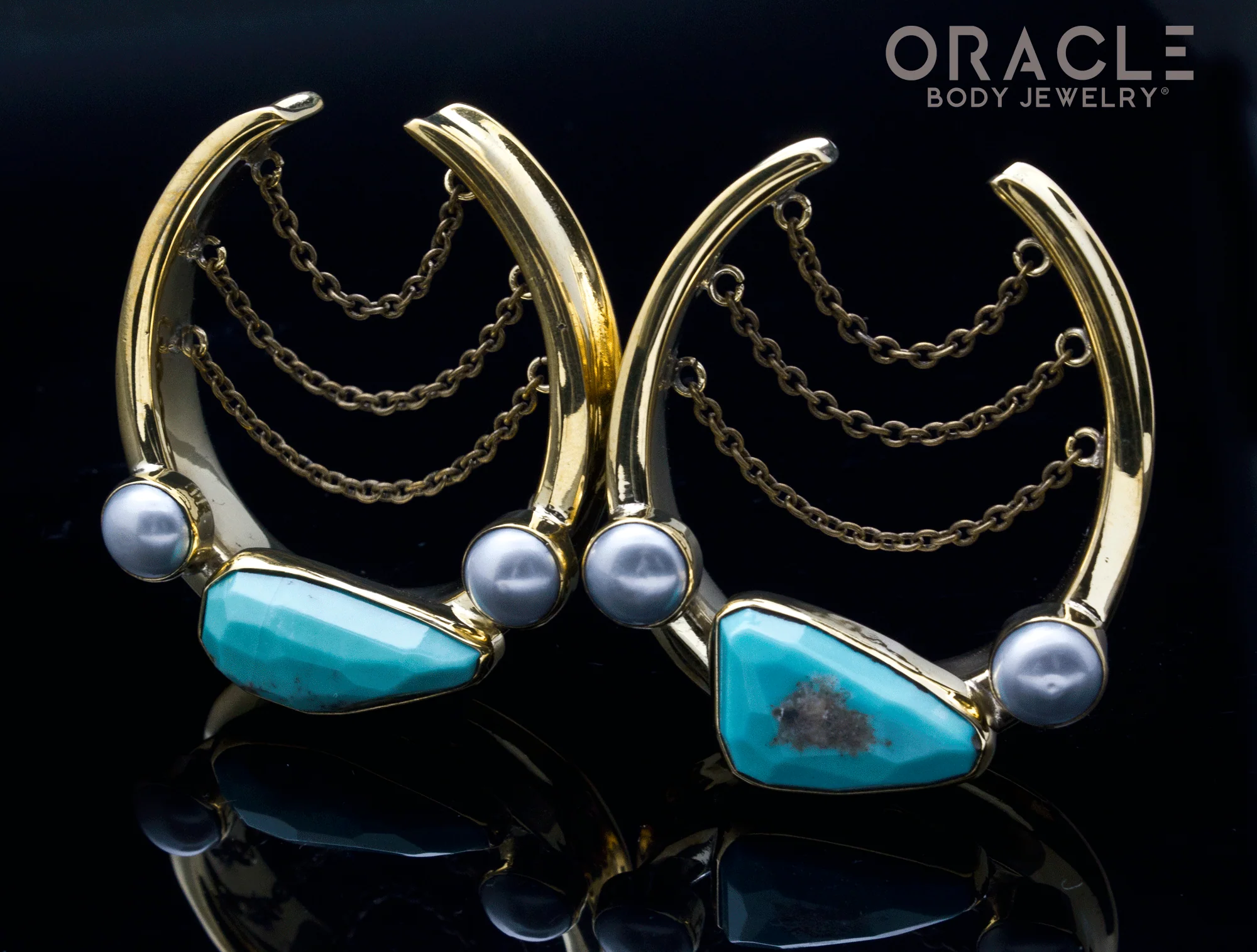 1-3/4" (44mm) Brass Saddles with Chains, Natural Faceted Turquoise and Pearls - Image 2