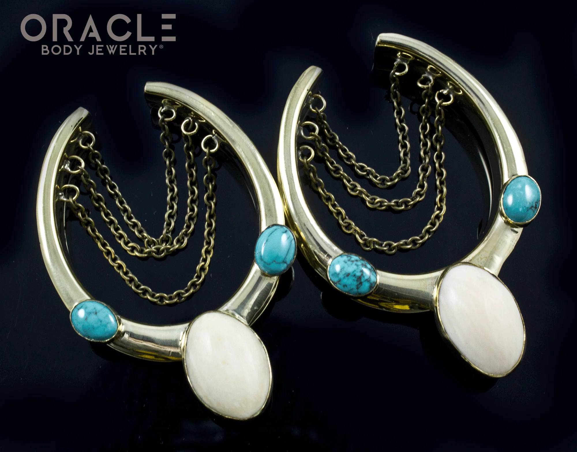 1-5/8" (41mm) Brass Saddles with Fossil Mammoth and Natural Turquoise - Image 2