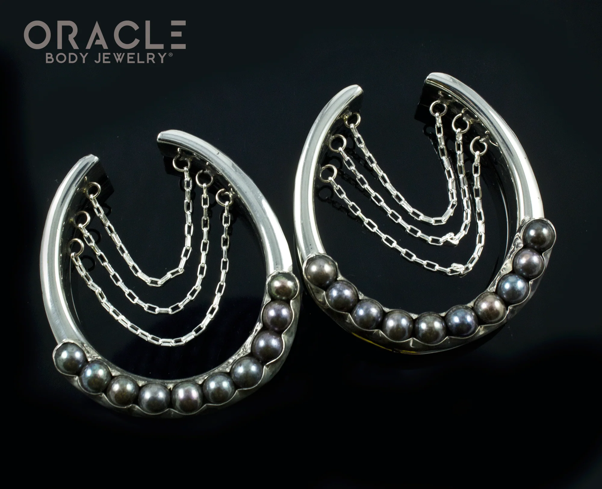 1-5/8" (41mm) White Brass Saddles with Chains and Channel Set Black Pearls - Image 2