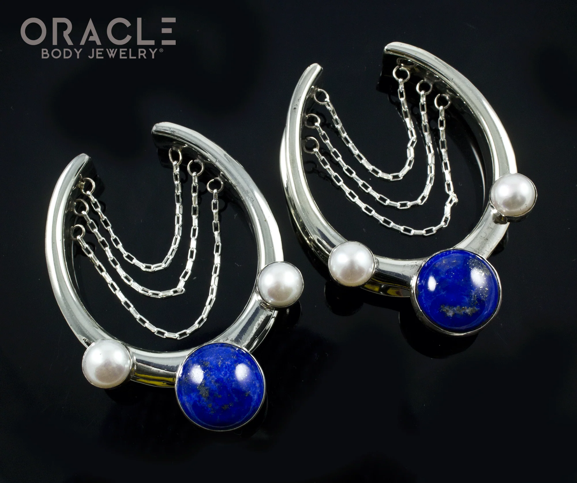 1-5/8" (41mm) White Brass Saddles with Chains and Lapis and Pearls - Image 2