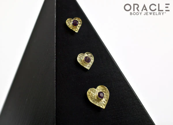 14k Hammered Heart with Amethyst Threadless Gold End - Image 3