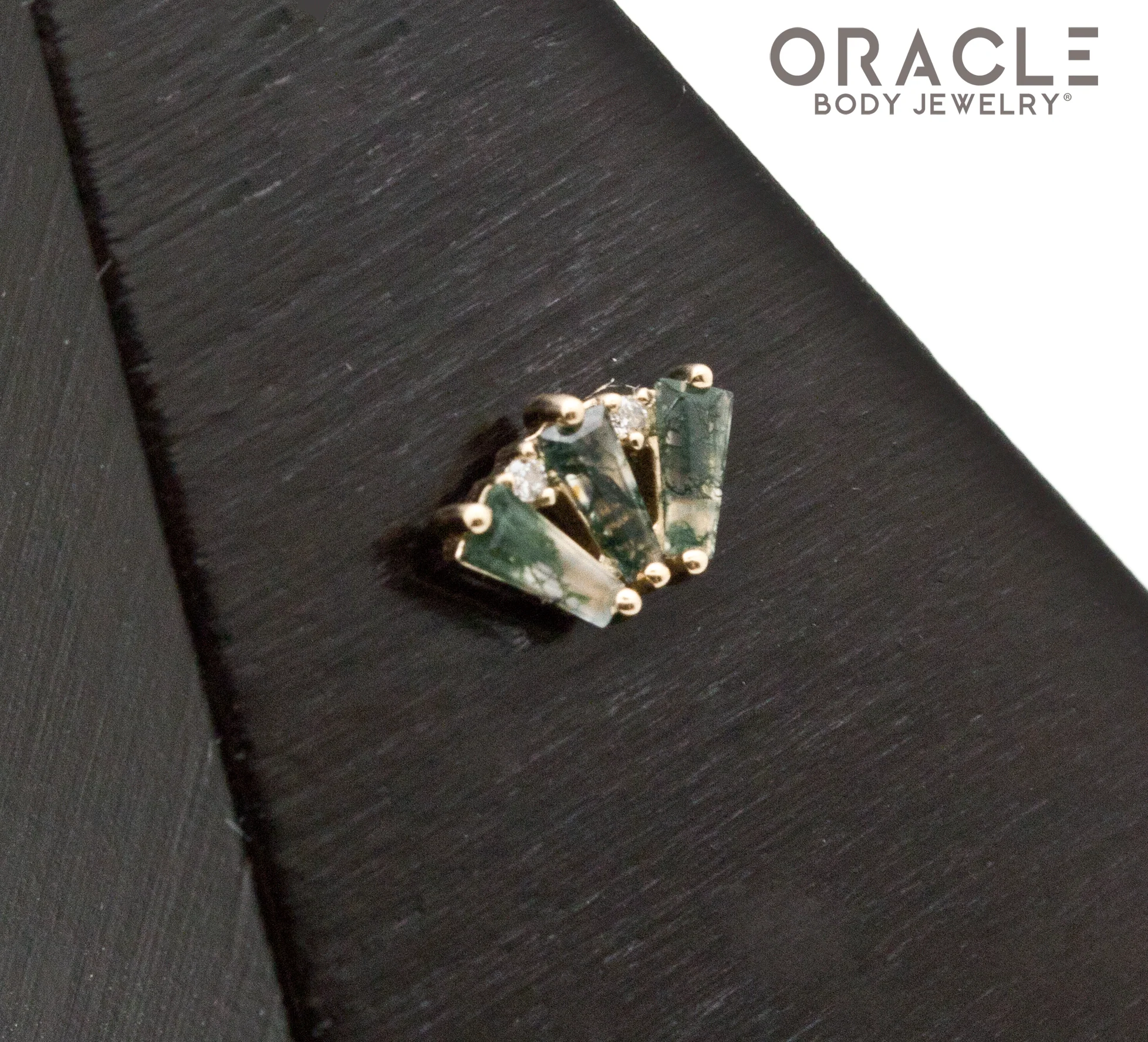 14k Yellow Gold Triple Crown Moss Agate and Diamonds Threadless End - Image 2