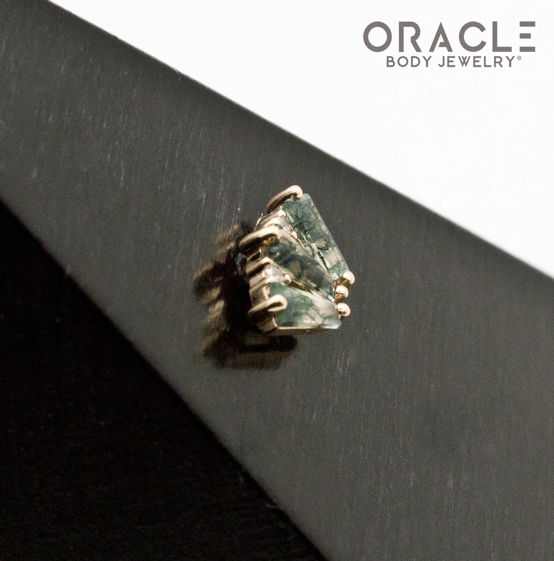 14k Yellow Gold Triple Crown Moss Agate and Diamonds Threadless End - Image 3