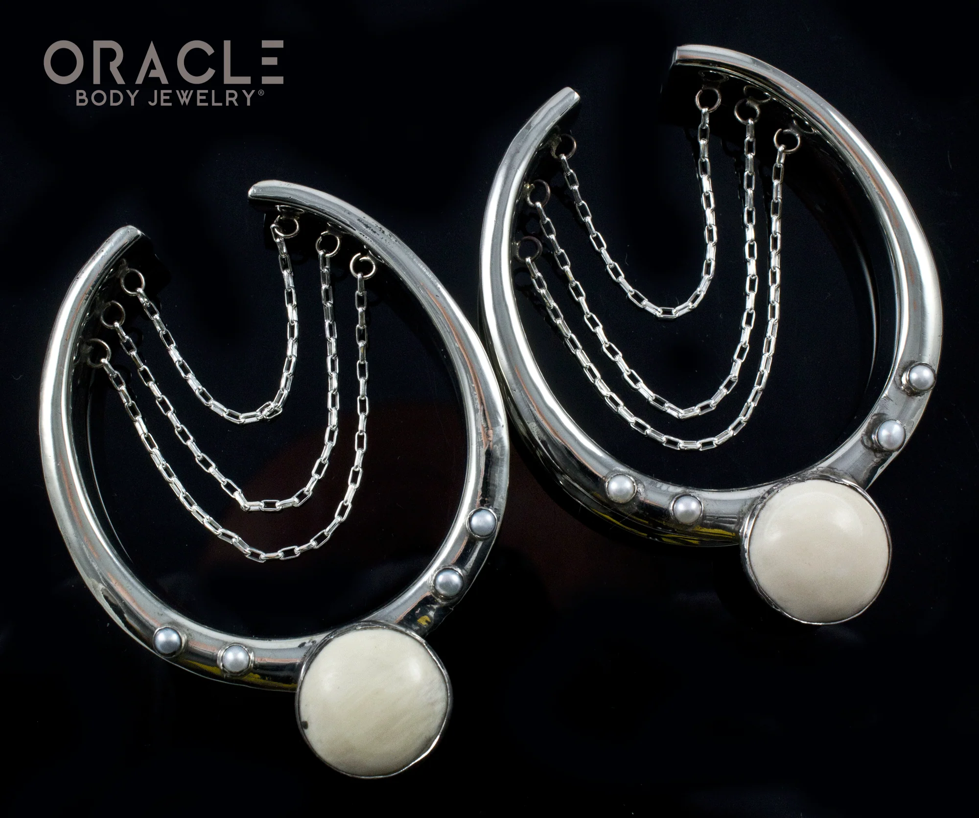 2" (51mm) White Brass Saddles with Chains and Fossil Mammoth and Pearls - Image 2