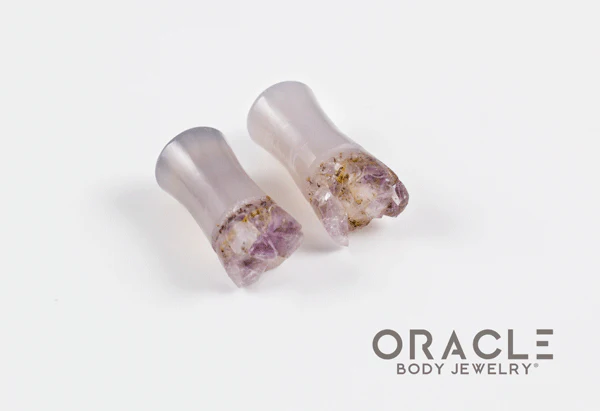 2g (6.5mm) Double Flare Druzy Rough Amethyst Plugs - Image 2
