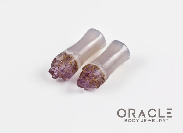 2g (6.5mm) Double Flare Druzy Rough Amethyst Plugs - Image 2