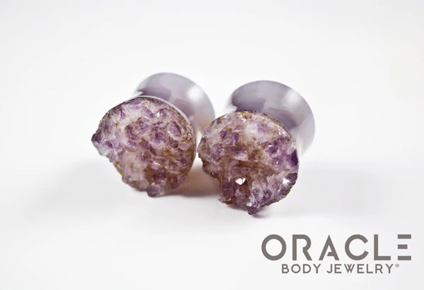 3/4" (19mm) Druzy Rough Amethyst Double Flare Plugs - Image 2