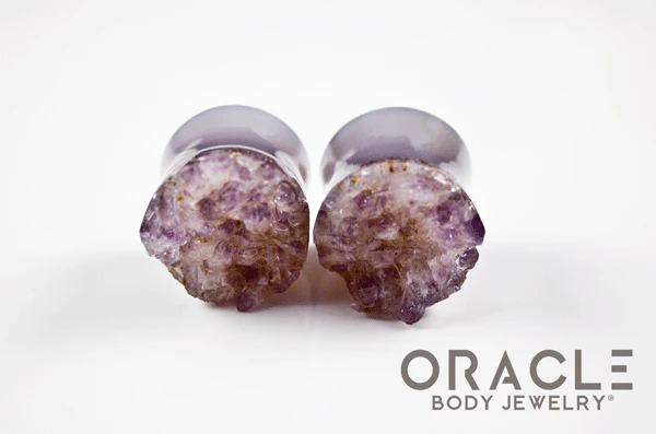3/4" (19mm) Druzy Rough Amethyst Double Flare Plugs - Image 3