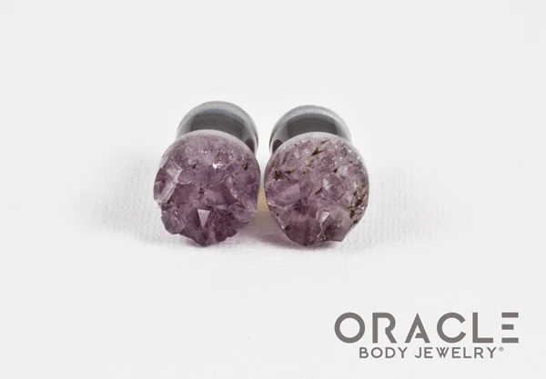 7/16" (11mm) Druzy Rough Amethyst Single Flare Plugs - Image 3