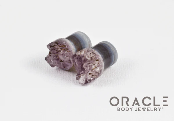 7/16" (11mm) Druzy Rough Amethyst Single Flare Plugs - Image 2