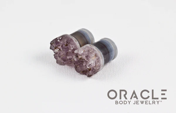 7/16" (11mm) Druzy Rough Amethyst Single Flare Plugs - Image 2