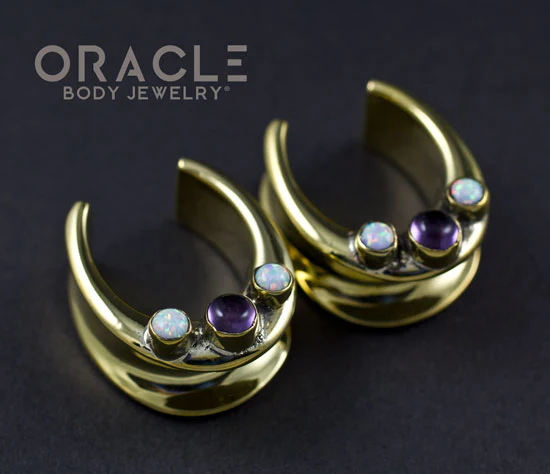 7/8" (22mm) Brass Saddles with Amethyst and White Synthetic Opals - Image 2