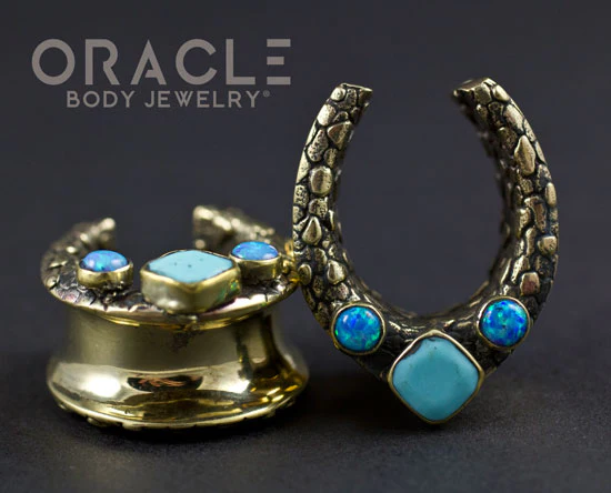 7/8" (22mm) Brass Saddles with Nugget Texture and Natural Turquoise and Blue Synthetic Opals - Image 3