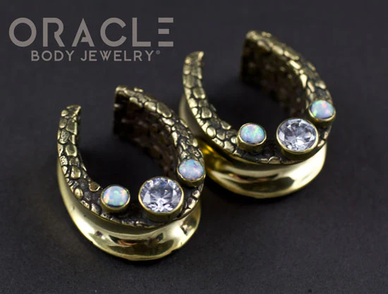 7/8" (22mm) Brass Saddles with Nugget Texture and White Synthetic Opals and CZs - Image 2