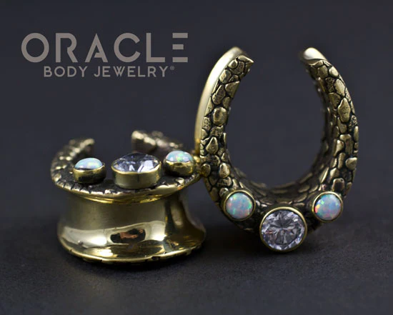 7/8" (22mm) Brass Saddles with Nugget Texture and White Synthetic Opals and CZs - Image 3