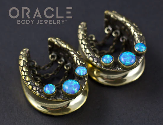 7/8" (22mm) Brass Saddles with Nugget Texture, Chains and Blue Synthetic Opals - Image 2