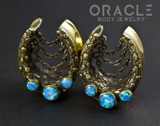 7/8" (22mm) Brass Saddles with Nugget Texture, Chains and Blue Synthetic Opals - Image 3