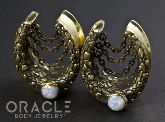 7/8" (22mm) Brass Saddles with Nugget Texture, Chains and White Synthetic Opals - Image 3
