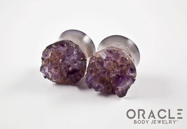 7/8" (22mm) Druzy Rough Amethyst Double Flare Plugs - Image 2