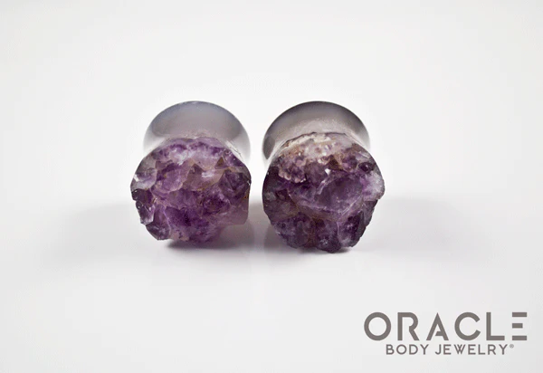 7/8" (22mm) Druzy Rough Amethyst Double Flare Plugs - Image 3