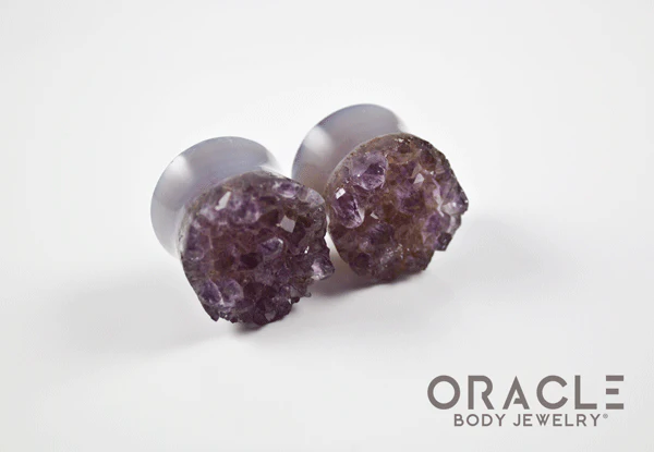 7/8" (22mm) Druzy Rough Amethyst Double Flare Plugs - Image 2