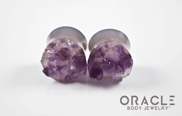 7/8" (22mm) Druzy Rough Amethyst Double Flare Plugs - Image 3