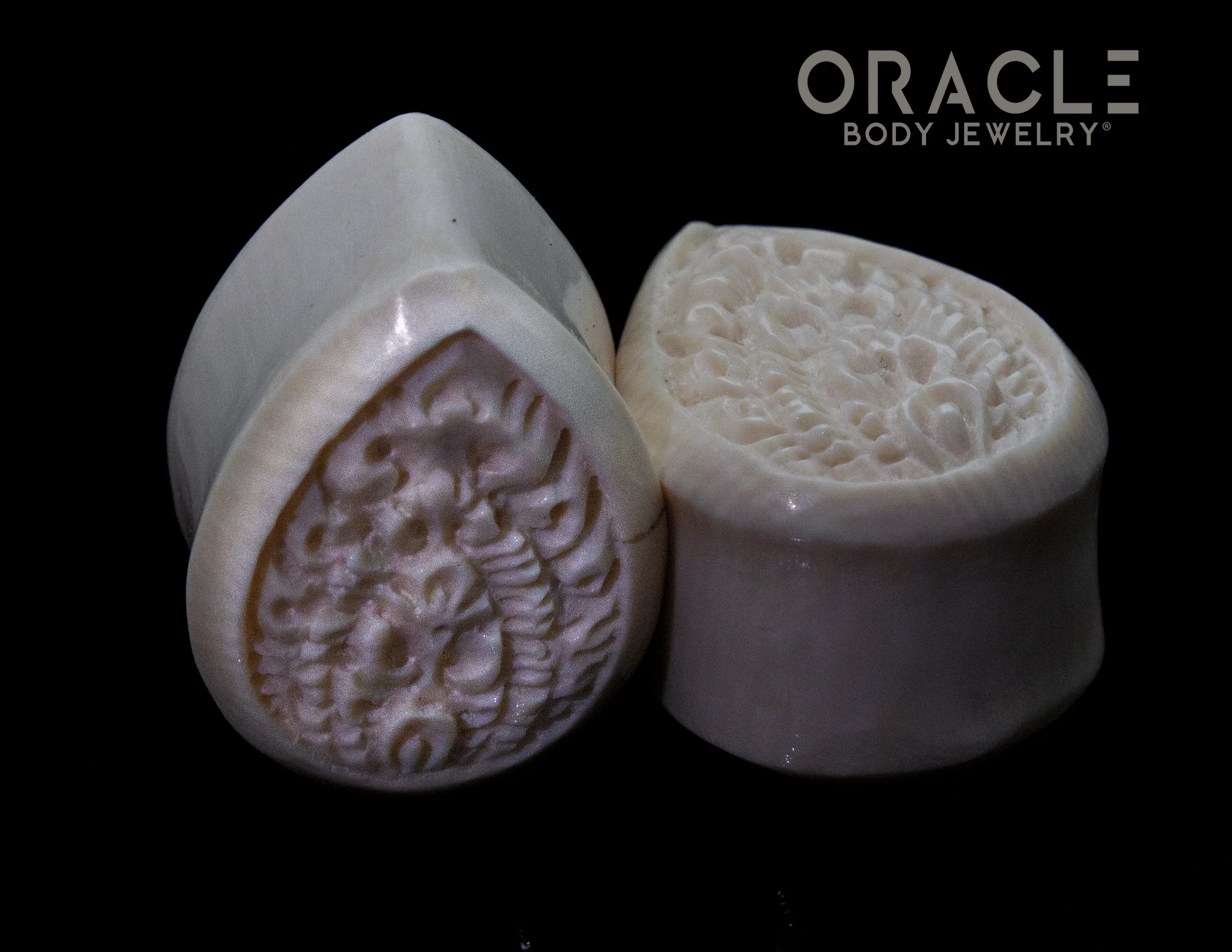 7/8" (23mm)  Fossilized Mammoth Ivory Carved Teardrop Plugs - Image 2