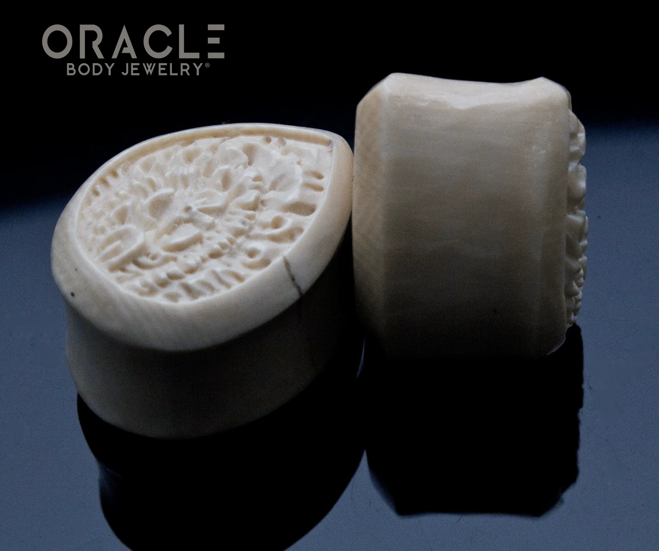 7/8" (23mm)  Fossilized Mammoth Ivory Carved Teardrop Plugs - Image 3