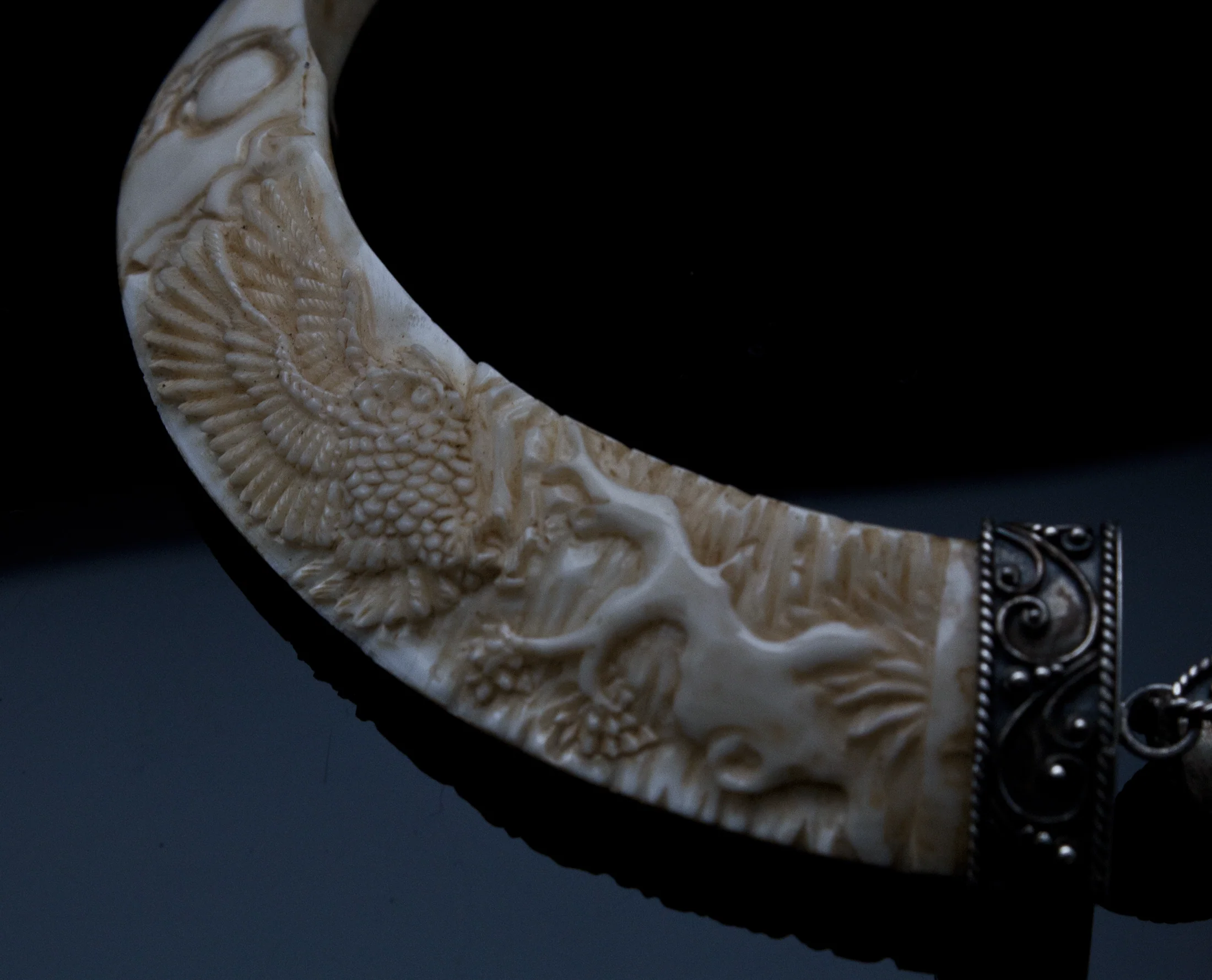 Boar's Tusk Pendant with Carved Cherry Blossom and Owl and Silver Filigree - Image 2
