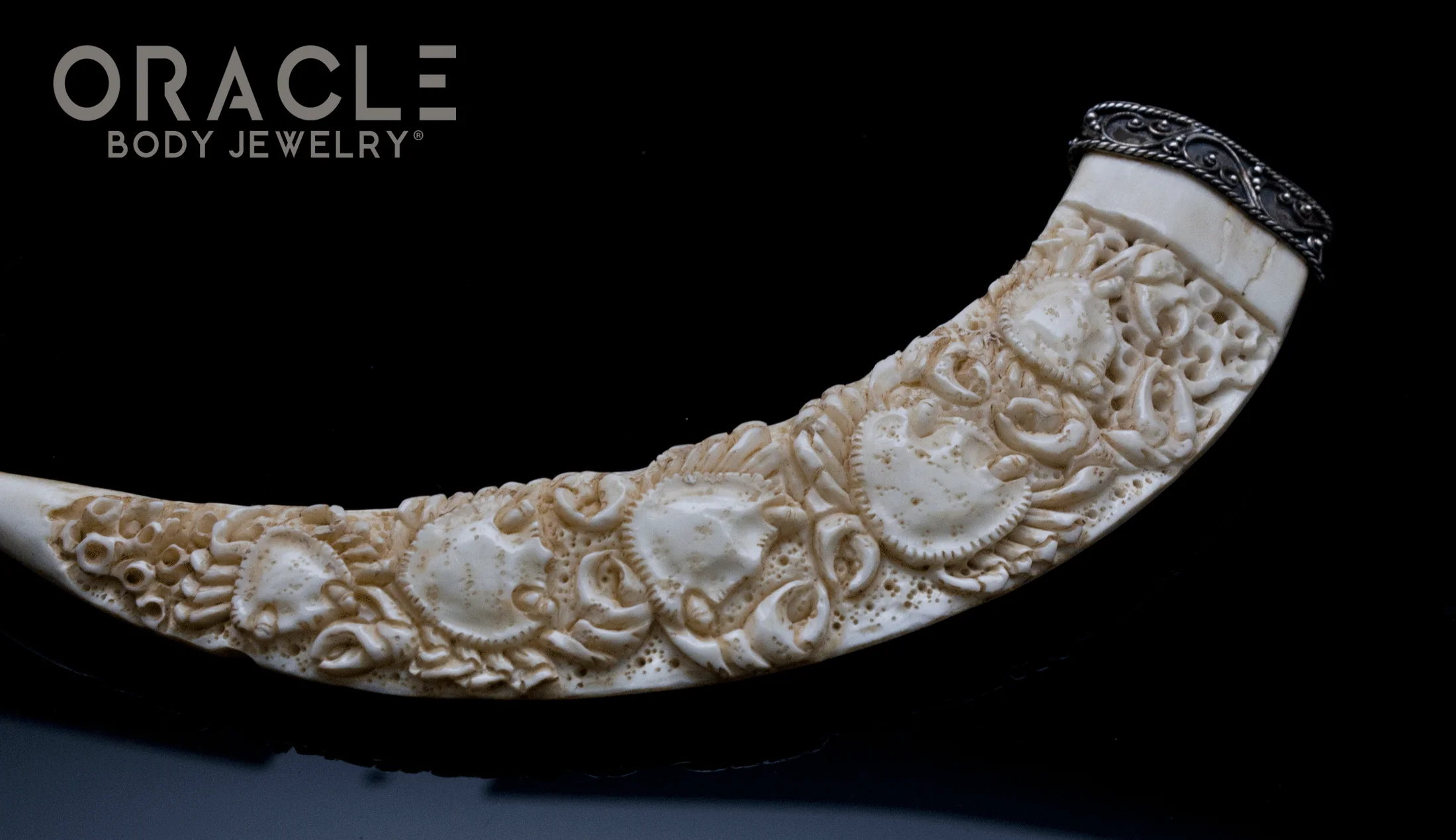 Boar's Tusk Pendant with Carved Crab and Silver Filigree - Image 2